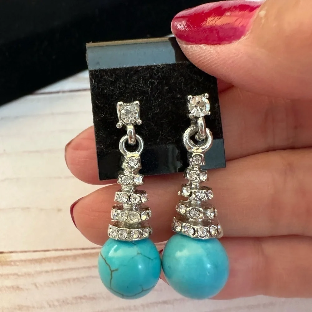 Faux Turquoise With Clear Stones Silver Dangling Pierced Casual Earrings